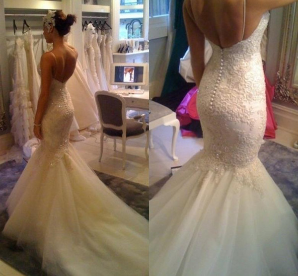2015 Stunning Mermaid Spaghetti Backless Crystal Chapel Train Sheer Lace Tulle Wedding Dresses White Ivory Bridal Gown
