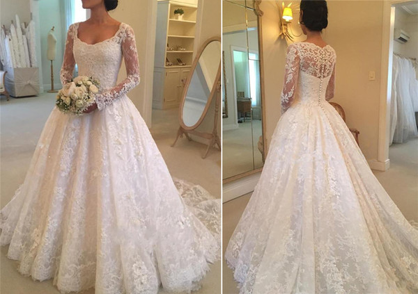 Latest Hot Sale Scoop Neck A-line Long Sleeve Lace Wedding Dresses Button Back Appliques Beaded Bridal Wedding Gowns