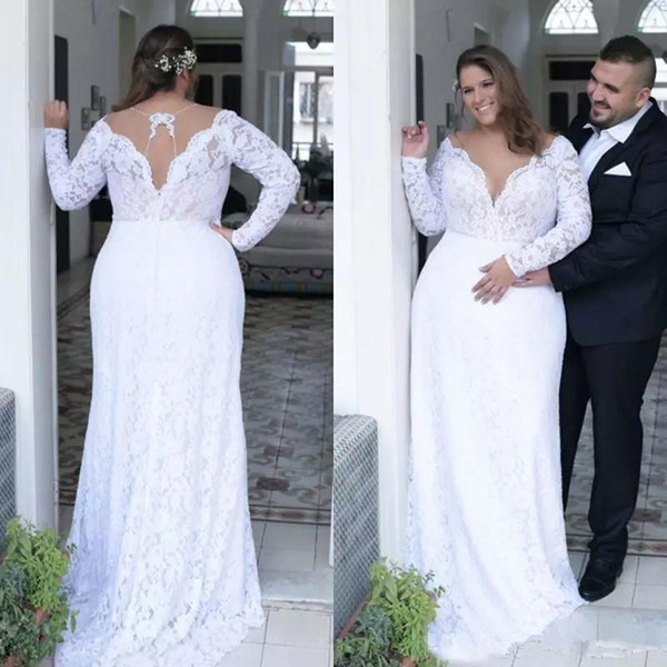 New Vintage Plunging V Neck Plus Size Lace Wedding Dresses Sexy Backless Long Sleeve Bridal Gowns Cheap Plus Size Beach Wedding Dress