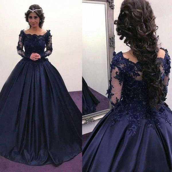 Ball Gown Wedding Gowns Long Sleeve Bule Satin Appliques Beading Custom Made Bridal Wedding Gowns Plus Size