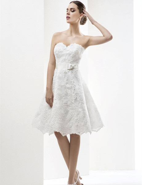 Fashion Knee Length Wedding Dresses Sweetheart Bow Belt Lace A Line Short Simple Design Bridal Gowns Custom Made