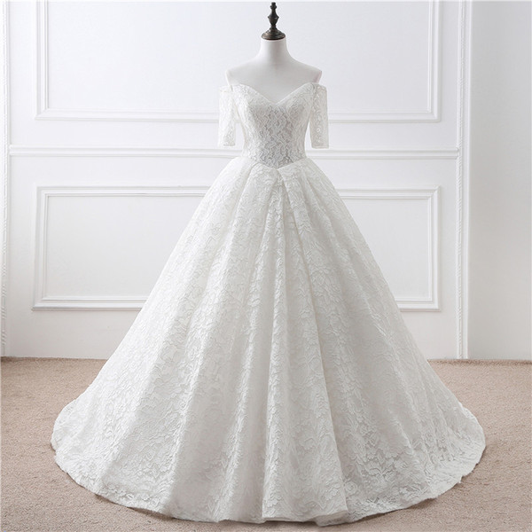 Simple Wedding Dress Short Sleeve Tube Top Strapless Lace Trailing Bridal Gown