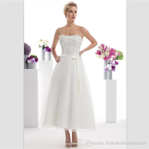 Custom Beach Short Wedding Dresses Robe De Mariage Simple Sexy Strapless Tea Length Bridal Dresses Elegant White Satin Wedding Gowns