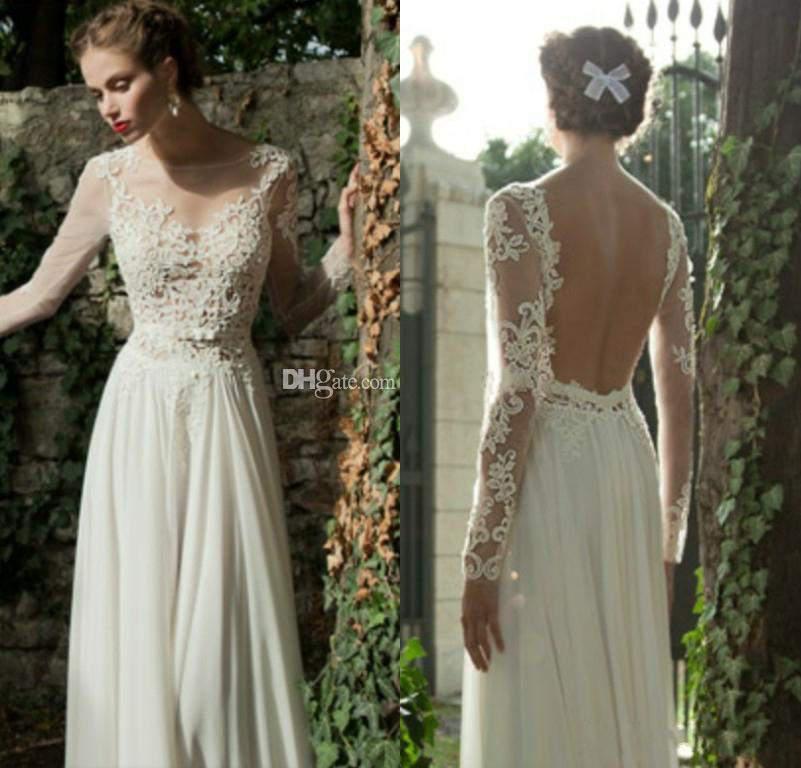 2014 chiffon lace summer collection sheer wedding dresses long sleeves bateau backless floor length beach dresses cheap hot