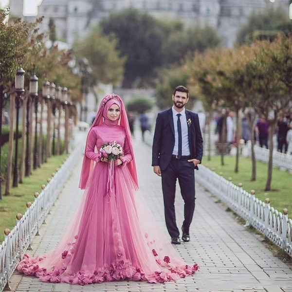 2017 Plus Size Muslim Wedding Dresses High Collar Long Sleeve Sweep train Zipper Tulle 3D Floral Applique Pleats Sequins Beaded Bridal Gown