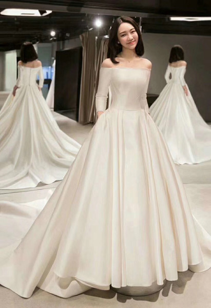 Elegant Bateau Women Wedding Dresses 3/4 Long Sleeves Long Formal Satin Church Bridal Dresses Zipper Back Sexy Wedding Gown with Pocket