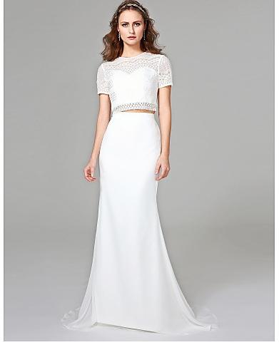 Mermaid / Two Piece Bateau Neck Sweep / Brush Train Chiffon / Lace Wedding Dresses