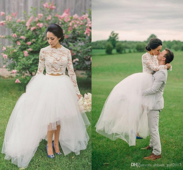 Modern Two Pieces Wedding Dress with High Low Skirt Long Sleeves Lace Top Country Bridal Dress Gown Custom Made