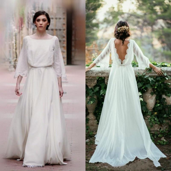 New Fall Country Wedding Dresses Square Neckline Sweep Train Low Cut Back Ivory Chiffon Bell Sleeves Boho Bohemian Wedding Dresses 1217