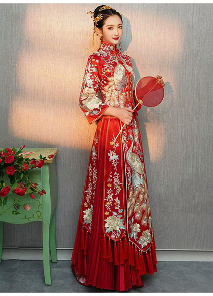 Xiuhe dress the bride dragon phoenix gown wedding dress new Chinese style wedding toast wear ancient wedding dress out of court