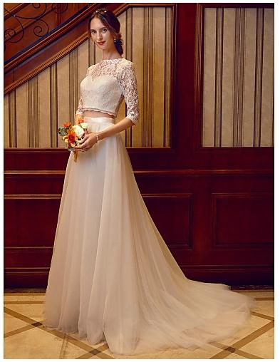 Two Piece Jewel Neck Court Train Tulle Over Lace / Corded Lace Made-To-Measure Wedding Dresses with Sashes / Ribbons Il