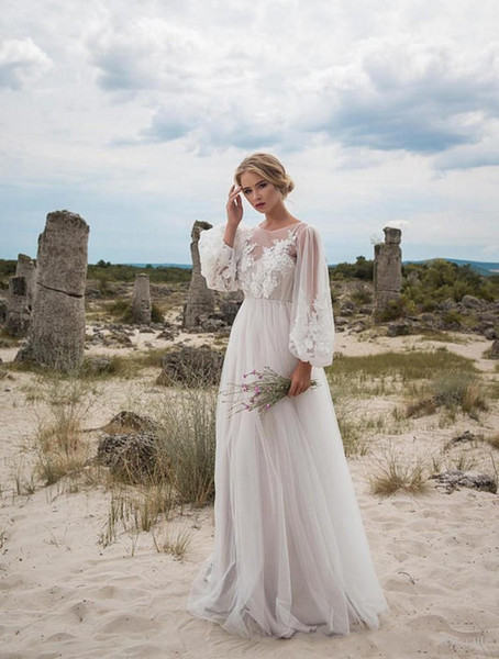 New Boho Wedding Dresses Long Sleeves Bohemian Wedding Dresses Appliques Tulle Floor Length Beach Wedding Gowns Cheap Bridal Dresses