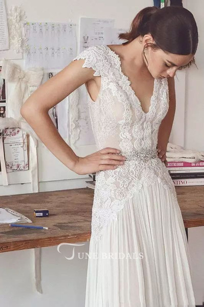 Sheath Chiffon Bohemian Wedding Dress Low V back with Lace Applique plus size wedding dress boho wedding dresses BBG023