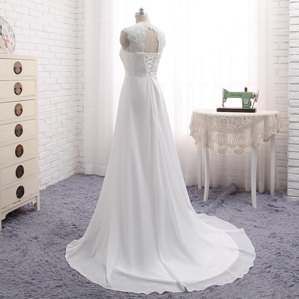 2017 New Long Chiffon White Ivory Wedding Dresses Sweep Train Lace Top Garden Beach Dress Lace-Up Bridal Gown