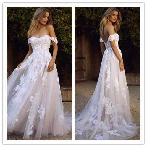 Tulle Bridal Gowns Matched Bow White Ivory Custom Made Backless Off Shoulder Elegant Beach Wedding Dresses Cap Sleeve Court Train