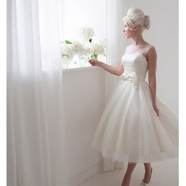 New Arrvial Short Polka Dots Wedding Dress with Bow Ankel Lengh Bridal Dress Wedding Gowns