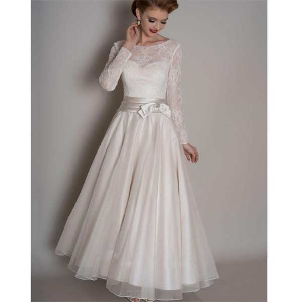 Vintage White Organza Country Wedding Dresses Tea Length Long Sleeves Beach Bridal Gowns Custom Lace Plus Size Wedding Gowns