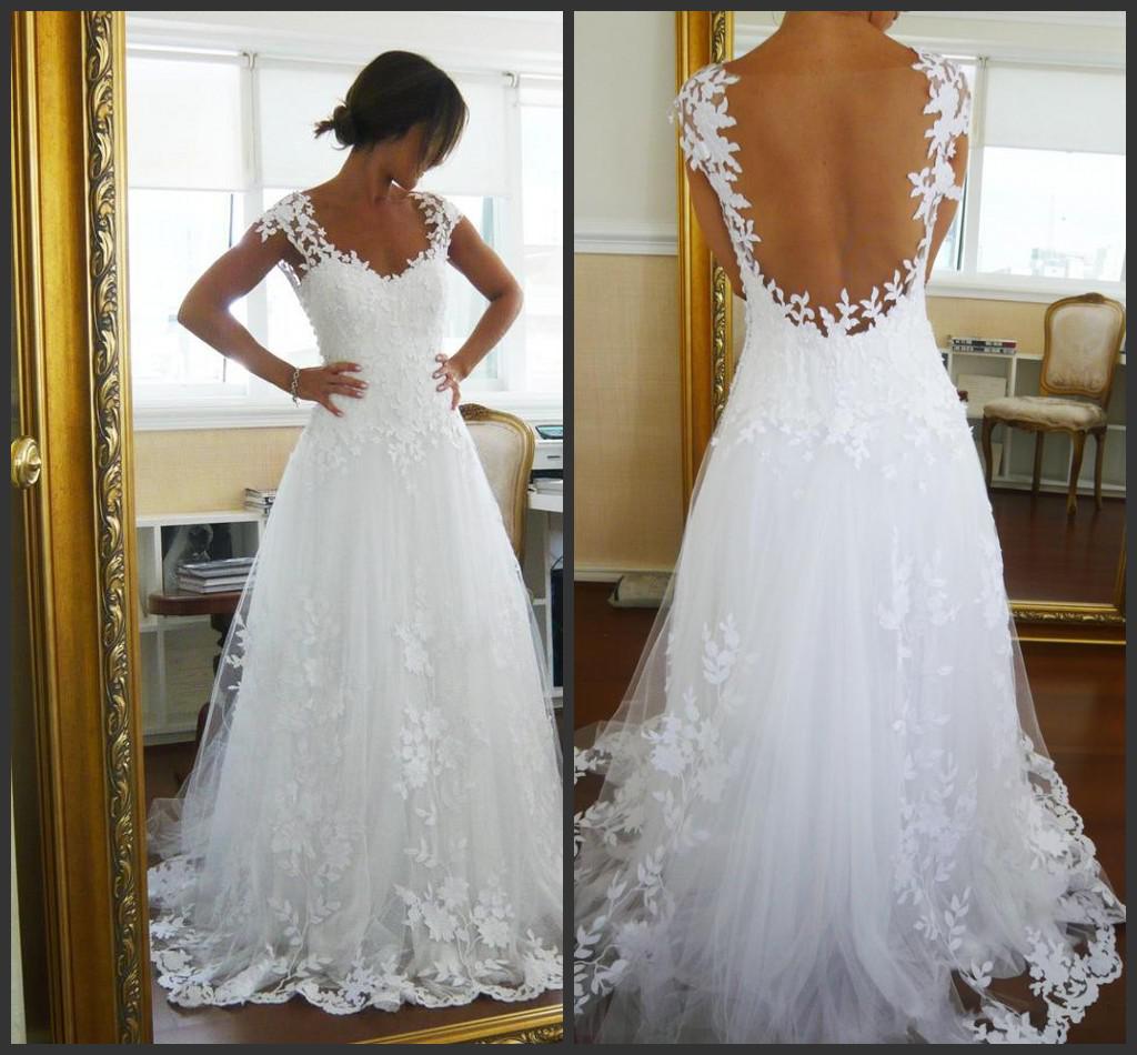 2014 Sexy Backless Beach A Line Lace Tulle Wedding Dresses Sweetheart Neckline Short Sleeves Court Train