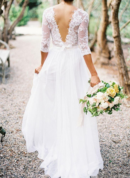 New Bohemian Wedding Dresses Lace Long Sleeves V-neck Low Back A-line Chiffon Plus Size Summer Beach Country Bridal Wedding Gown 164