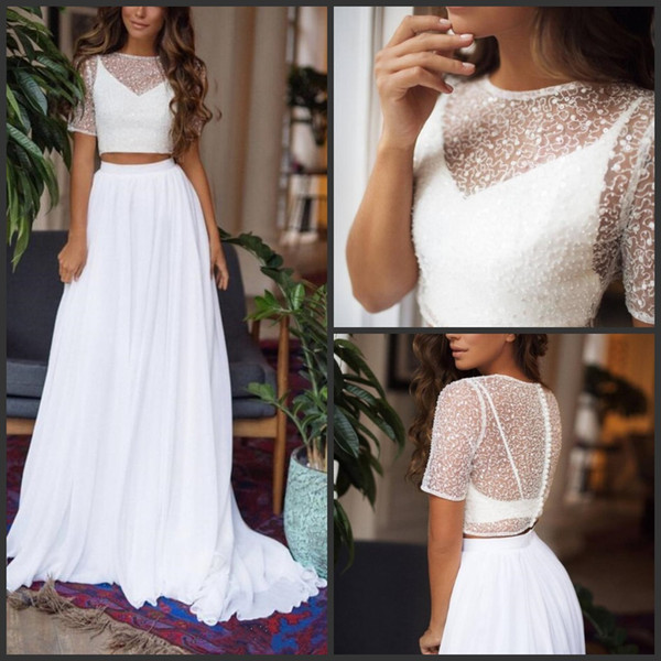 New cheap simple wedding dresses two pieces plus size bohemian sequined bridal gown a line spring lace wedding dresses for brides