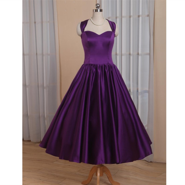 Real Photo Purple Satin Country Wedding Dresses Cheap Knee Length Halter Beach Bridal Gowns Custom Plus Size Wedding Gowns