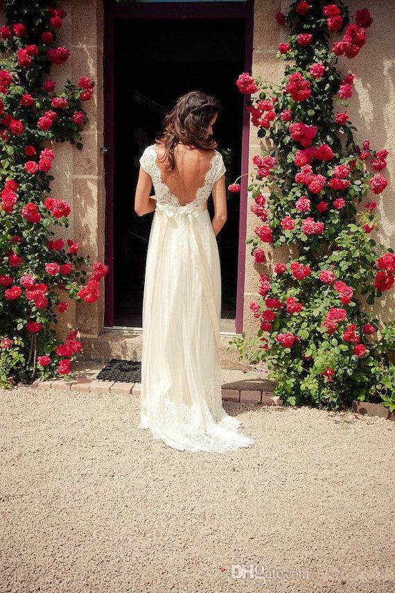 2015 Lace Wedding Dresses V-Neck Cap Sleeves Backless Satin Sashes A-Line Tulle Skirt Floor-Length White Ivory Beach Bridal Gowns