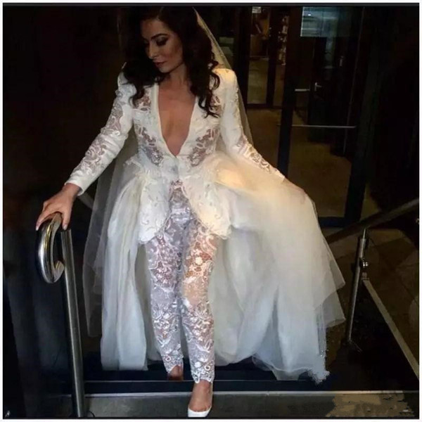 New Custom Made White Full Lace Jumpsuit Wedding Dresses Sexy Plunging Neck Pearls Long Sleeves Bridal Gowns Wedding Dress