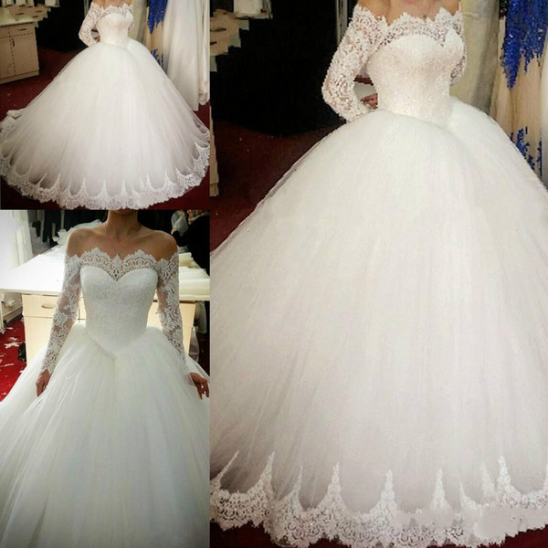 Luxury Lace Applique Tulle Off-Shoulder Wedding Dress Ball Gown Beaded Bateau Long Sleeve Vintage Bridal Gowns 