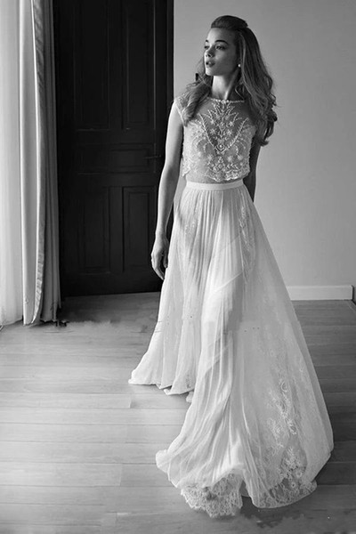 New Wedding Dresses Two Piece Sweetheart Sleeveless Low Back Pearls Beading Sequins Lace Chiffon Beach Boho Bohemian Wedding Gowns