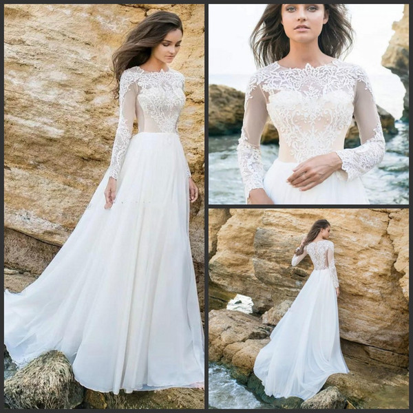 New Eva Lendel Sweep Train Boho Bridal Gown Lace Chiffon Jewel Neck Sexy Wedding Dress Plus Size Long Sleeves Beach Wedding Dresses