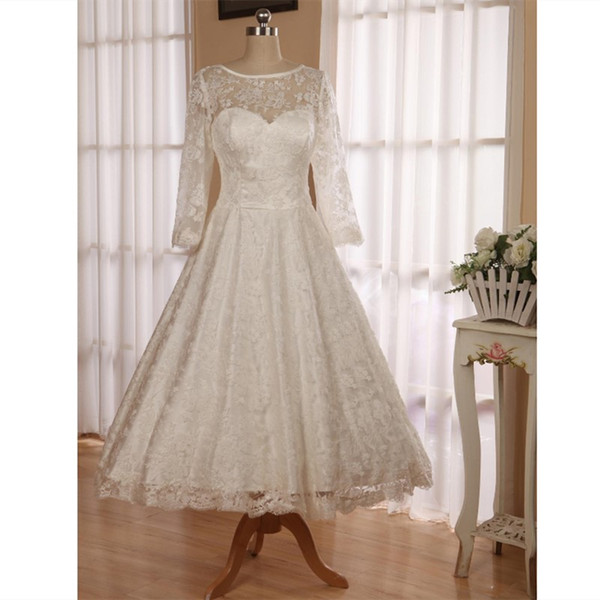 Simple Ivory Lace Country Wedding Dresses Knee Length 3/4 Sleeves Beach Bridal Gowns Custom Backless Plus Size Wedding Gowns