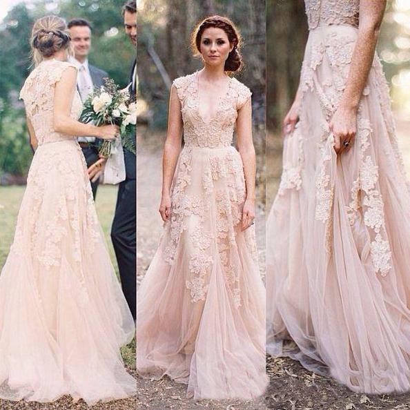 Sexy Deep V-neck Women Wedding Dresses A-line Full Lace Vestido de Novia Long Sweep Train Formal Bridal Dresses Illusion Back Gown Chic