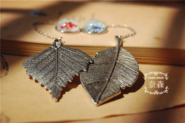 2016 Antique Silver Leaf Metal Pendent Vintage Page Tag Bookmark 2 Color Elegant Big Leaves Best Christmas Gift E867E