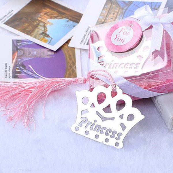 Silver Stainless Steel Pink/Blue Tassels Crown Bookmark For Wedding Baby Shower Party Birthday Favor Gift Souvenirs DHL Free Shipping
