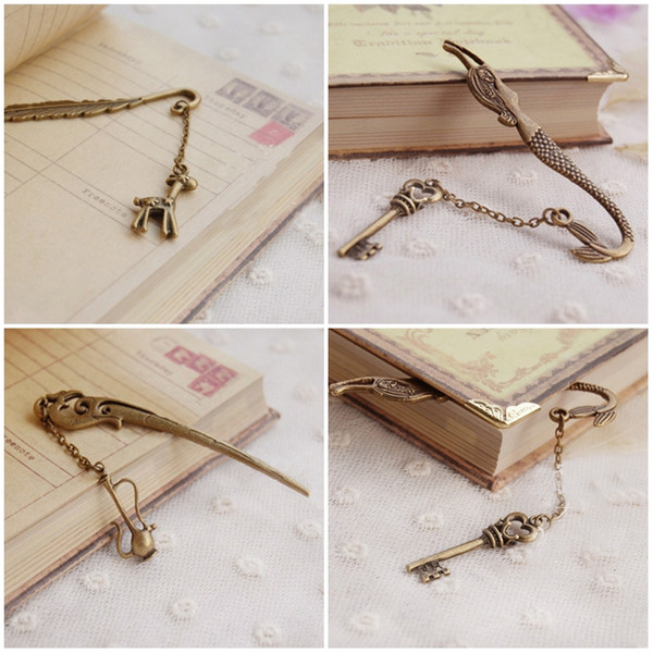 Hot Selling Vintage Bronze Bookmark Key And The Mermaid Feathers And Deer Flagon Three Style Creative Metal Bookmarks E660L