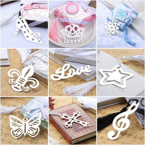 Metal Bookmark with Tassel Book Markers Wedding Souvenirs Baby Shower Party Favors with Gifts Box Packaging 23 Designs