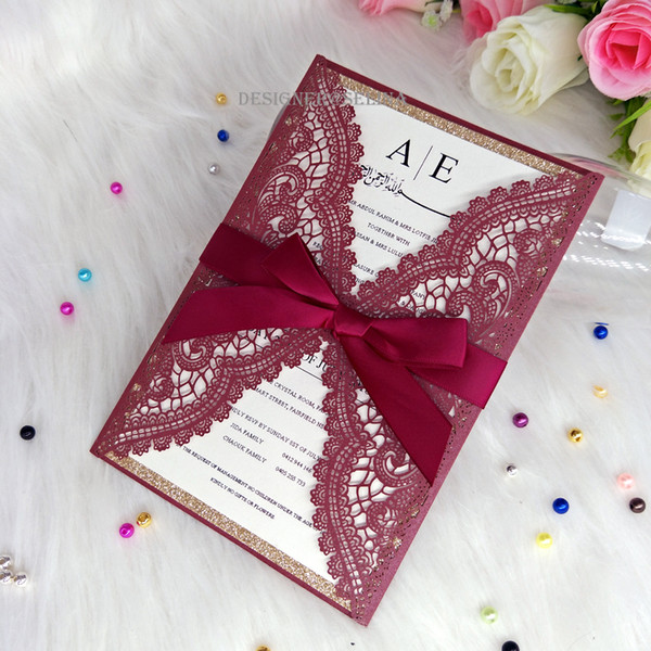 Plam Lace Wedding Invitations with Bowknot Laser Cut Invitation Cards for Engagement Birthday Graduation with Envelope 