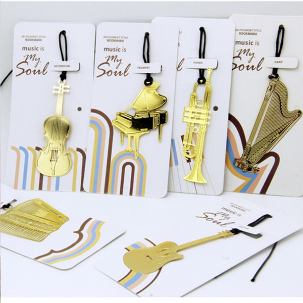 Wedding Favor Metal Musical Instruments Bookmark Gold Plated Lanyard Accordion Harp Trumpet Piano Violin Guitar Bookmarks DHL Free Shipping