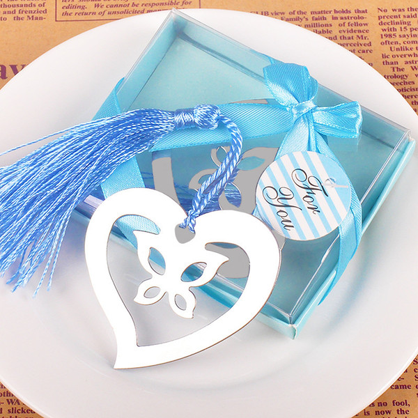 Hollow Metal Butterfly Heart Bookmark with Blue Tassel Baby Shower and Wedding Favors Gifts DHL Free Shipping