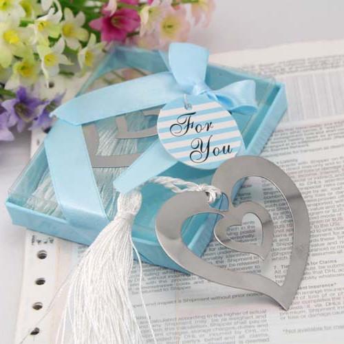 DHL Free Wedding favors gifts silver stainless steel declining Lovedouble cutout heart bookmark with White tassel