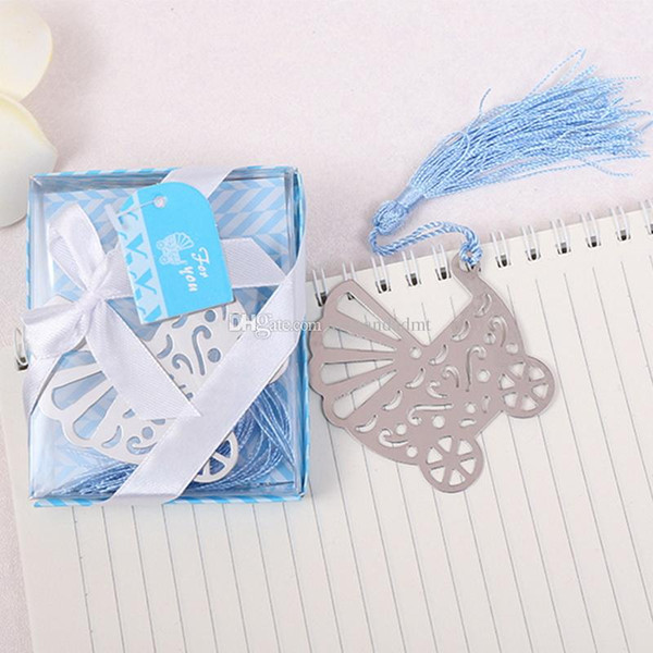 Baby Carriage Stroller Metal Bookmark With Tassel Birthday Gift Party Wedding Baby Shower Favors Blue Pink DHL Free Shipping