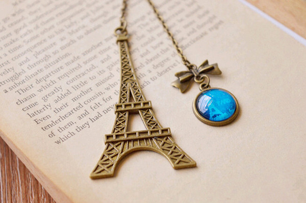 New Paris Eiffel Tower Bowknot Bookmarks Bronze Nice Blue Glass Cabochon 14mm*14mm Wedding Favors and Gifts