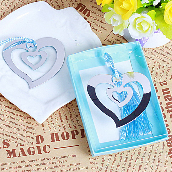 Metal Hollow-out Double Heart Bookmark with Blue Tassel Baby Shower and Wedding Favors Gifts DHL Free Shipping