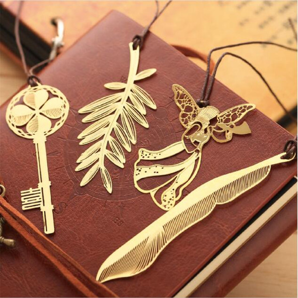 Fashion 18K Gold Plated Bookmarks Wedding Golden Metal Paragraph Creative Bookmarks Wedding Supplies Golden Key Palm Tree Snow Flake Feather