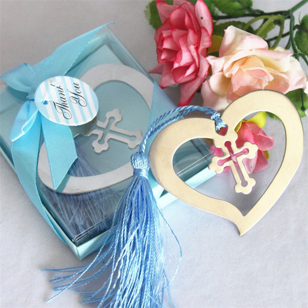 DHL Free Wedding favors gifts stainless steel Cross Love Heart Bookmark with blue tassel baby shower bookmark