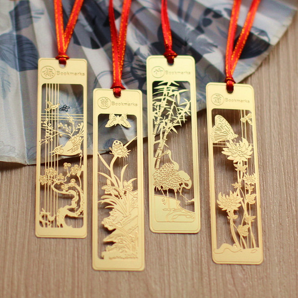 Wedding Favor Gold Bookmark Wintersweet Orchid Bamboo Chrysanthemum Metal Creative Chinese Style Hollow Bookmarks DHL 