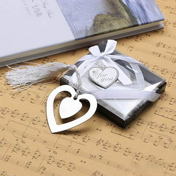 Wedding Favor Double Heart Metal Bookmarks with Tassels Box Packing Baby Shower Party Gift DHL Free Shipping