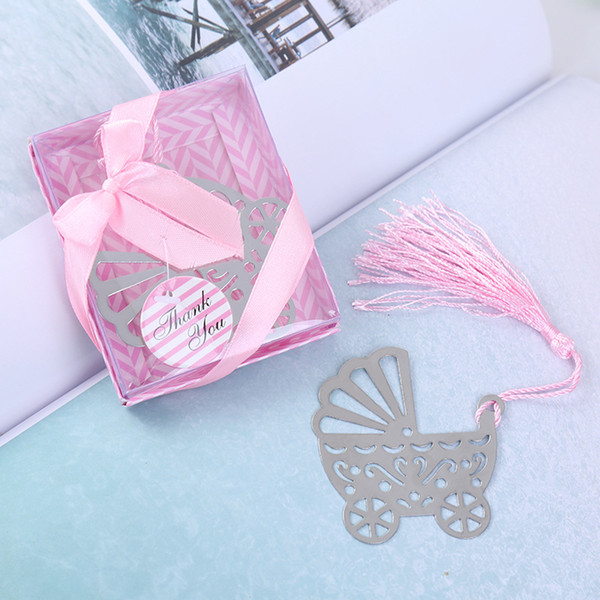 Baby Carriage Stroller Metal Bookmark With Tassel Birthday Gift Party Wedding Baby Shower Favors Blue Pink DHL Free Shipping
