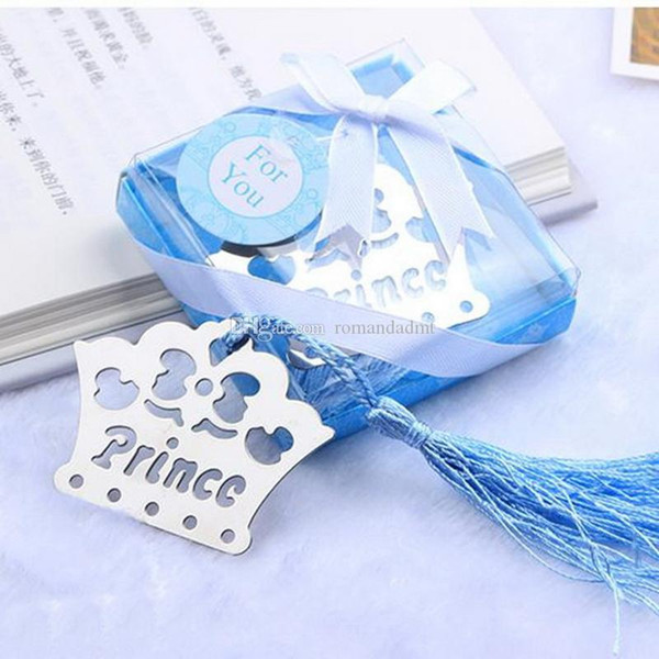 Silver Stainless Steel Pink/Blue Tassels Crown Bookmark For Wedding Baby Shower Party Birthday Favor Gift Souvenirs DHL Free Shipping
