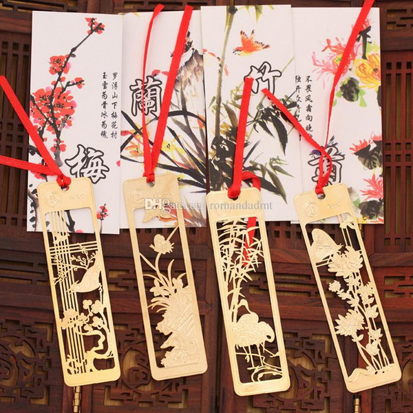 Wedding Favor Gold Bookmark Wintersweet Orchid Bamboo Chrysanthemum Metal Creative Chinese Style Hollow Bookmarks DHL 